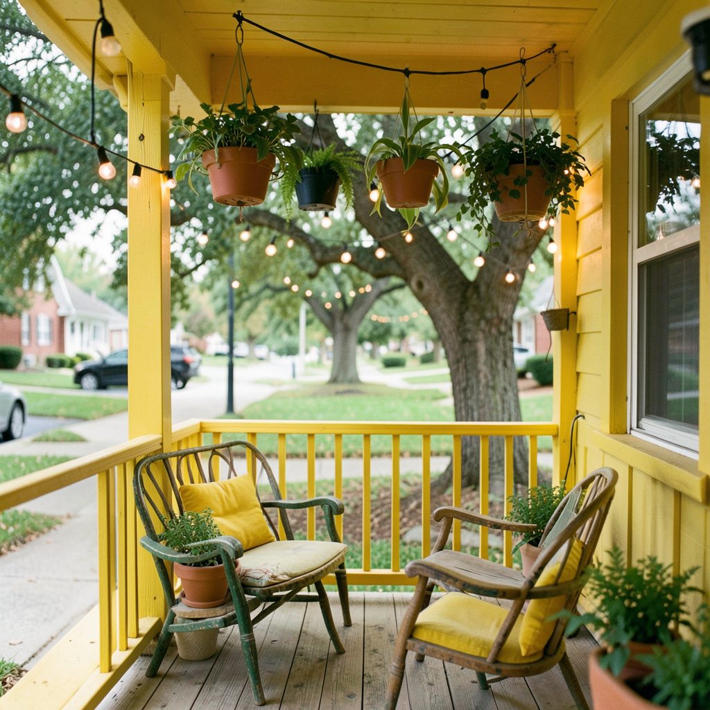 Covered porch with hanging plants, mismatched chairs, and string lights framing a view of mature trees and quiet neighborhood streets