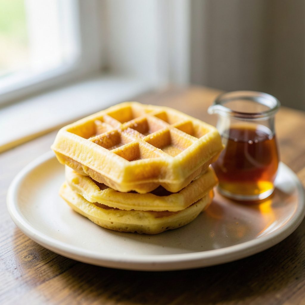 Stack of fresh golden waffles on a pale ceramic plate beside a small jug of maple syrup, shot in soft window light