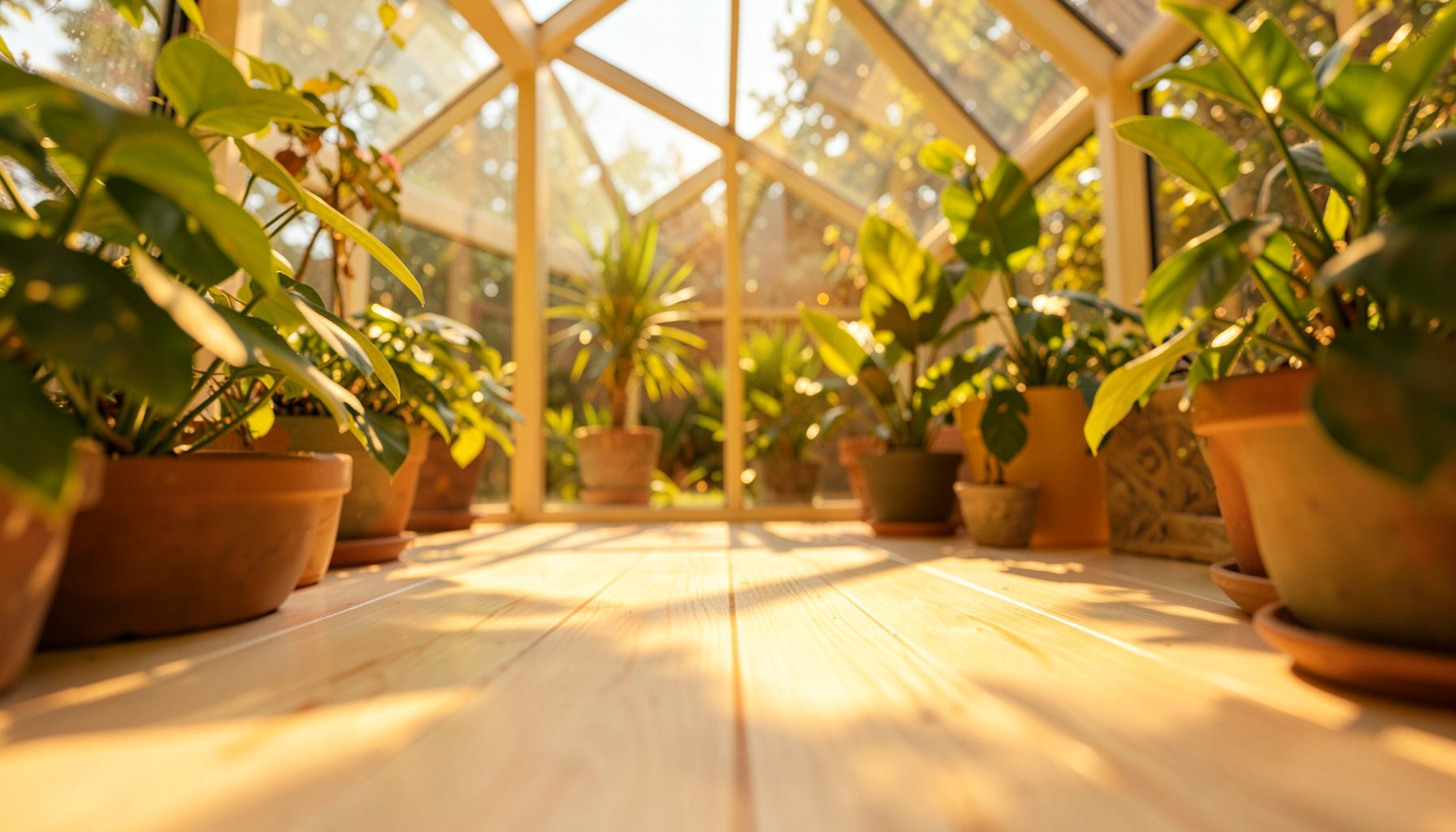 Wide-angle view of a sunlit glass solarium with leafy plants and warm amber light spilling onto pale wooden flooring, cozy and inviting