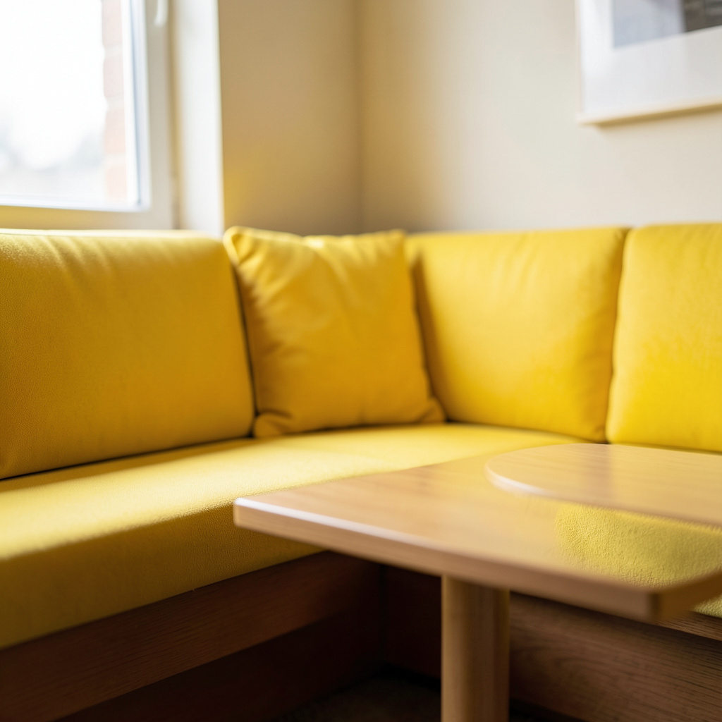 Cozy hostel lounge corner with cushioned bench seating and diffused natural light