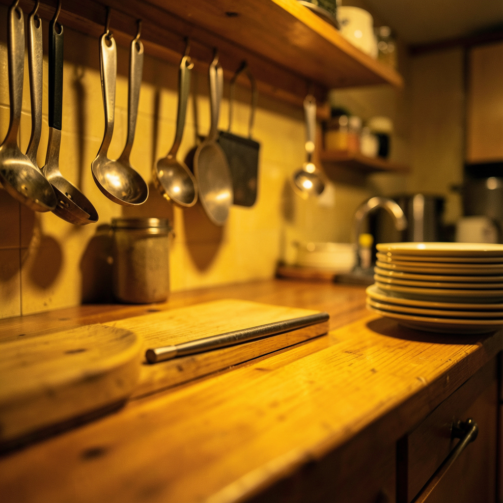Communal hostel kitchen with warm wood counters and hanging utensils in low amber light