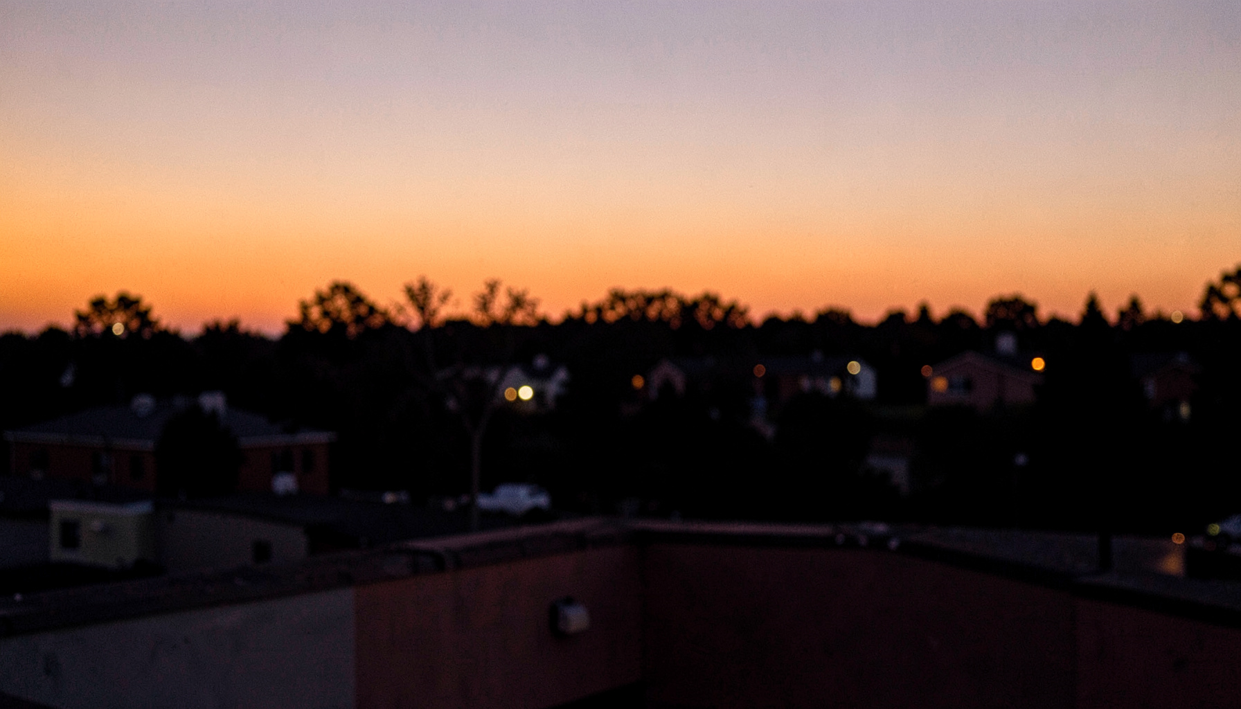 Atmospheric dusk view across Fort Collins rooftops with warm amber sky against deep near-black silhouette of trees and homes, peaceful evening mood