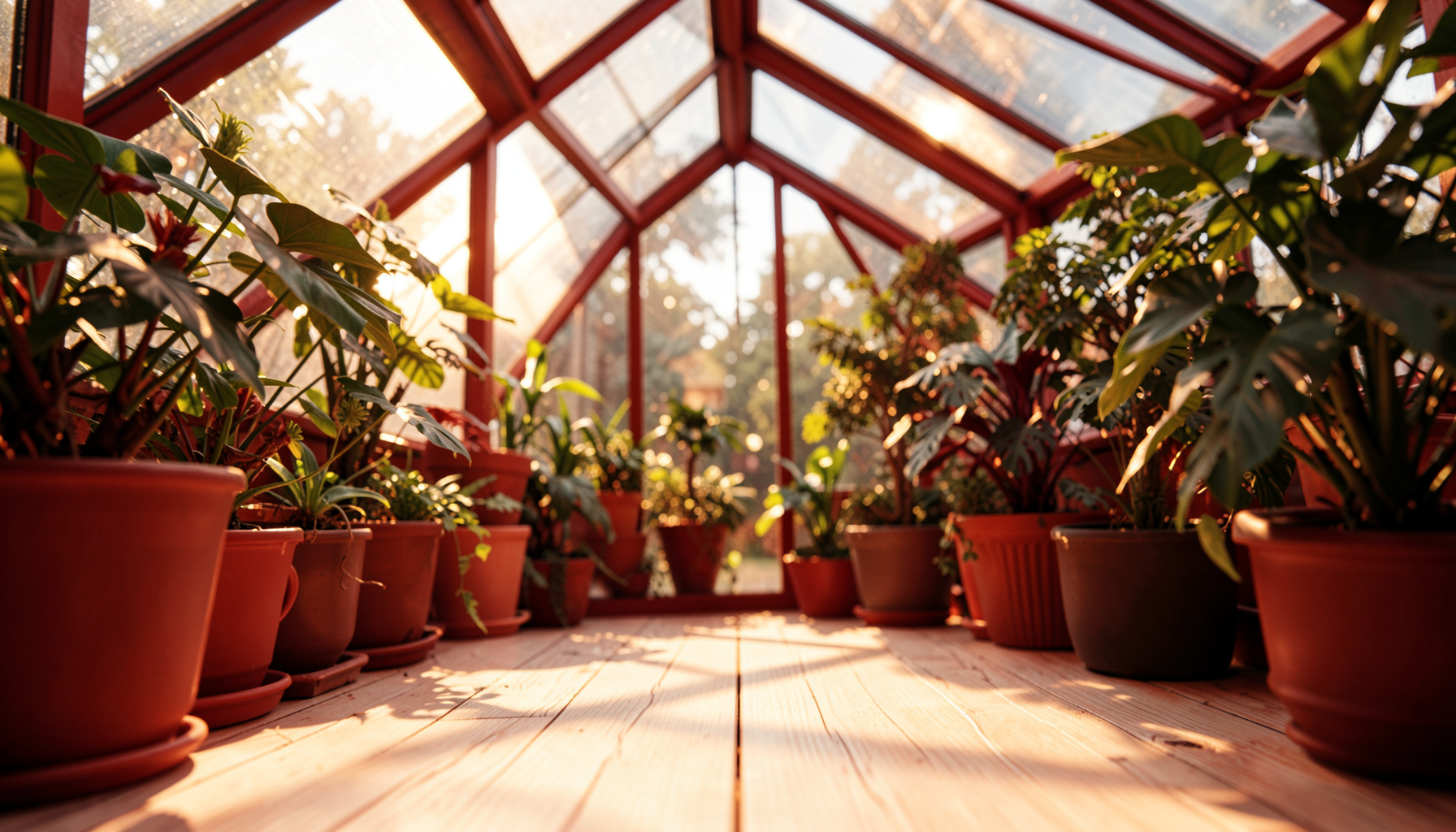 Wide-angle view of a sunlit glass solarium with leafy plants and warm amber light spilling onto pale wooden flooring, cozy and inviting mood