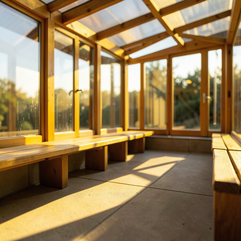 Sun-warmed solarium with morning light pouring through large glass panels onto wooden benches