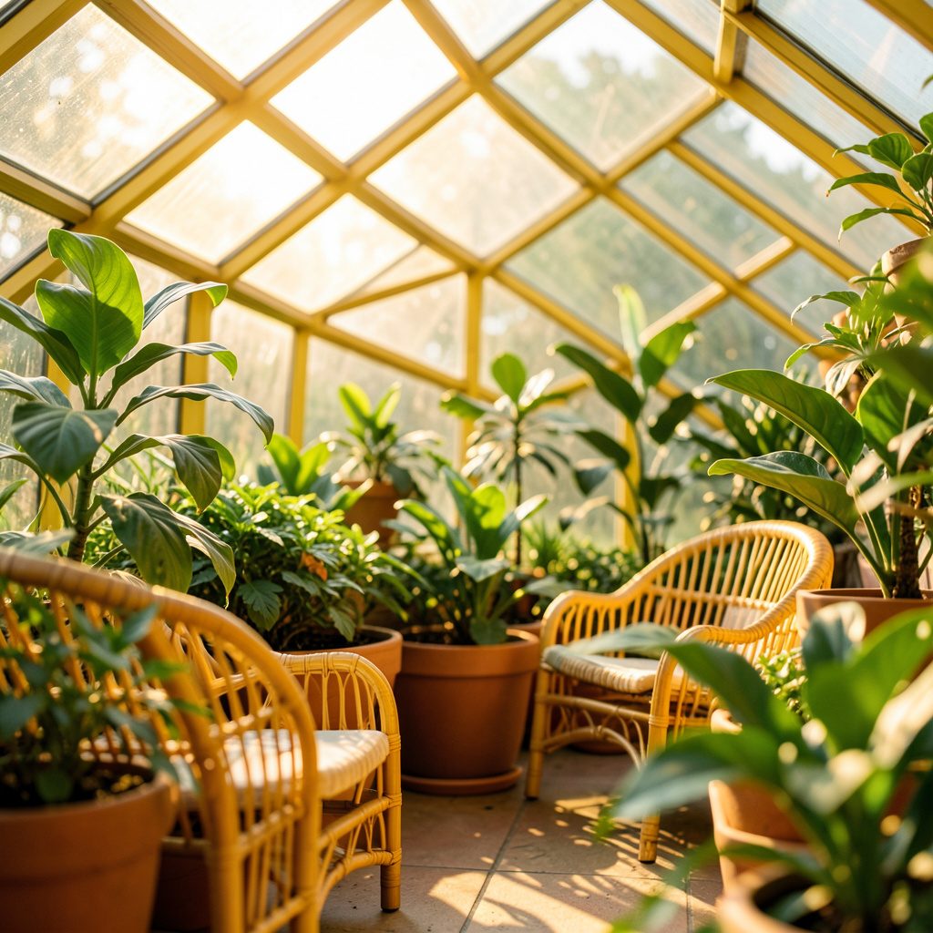 Interior of a glass-walled solarium filled with green potted plants, rattan seating, and golden afternoon light filtering through