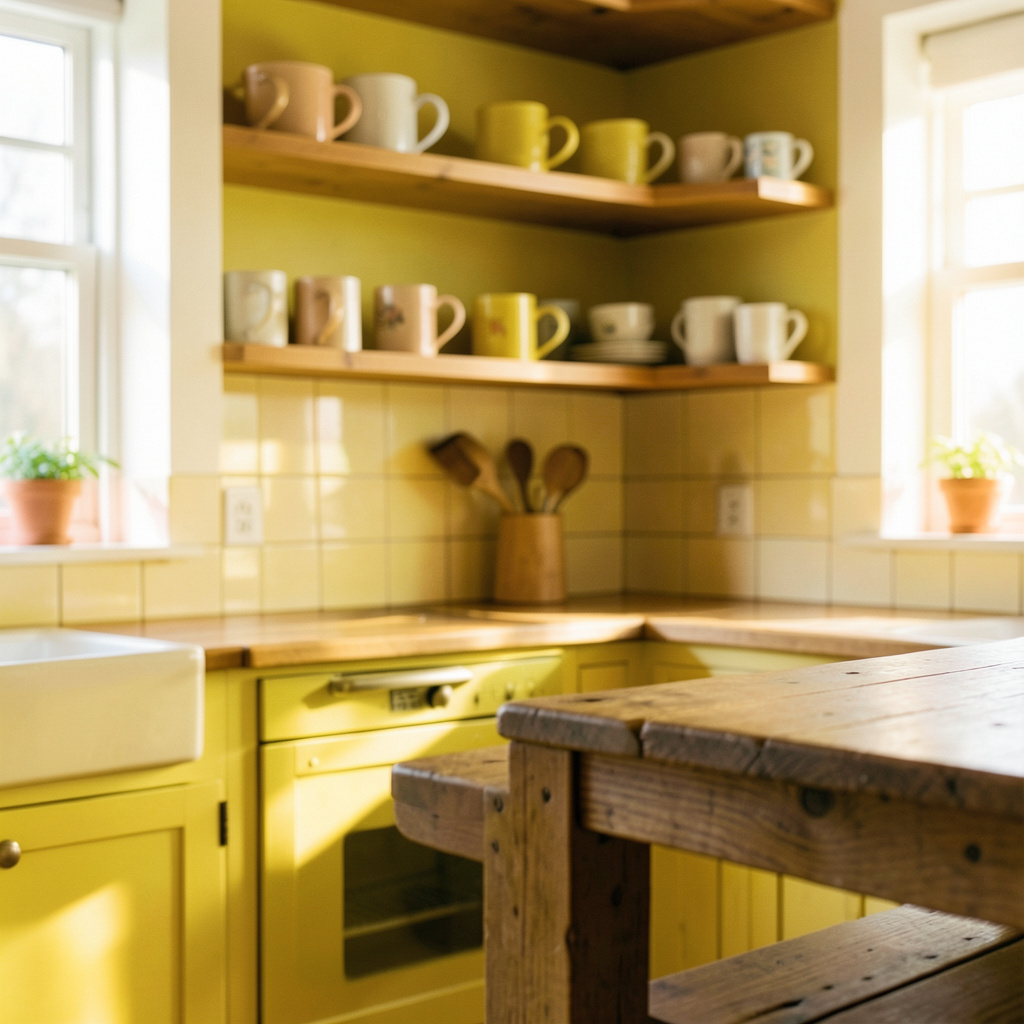 Bright communal kitchen with open shelves of mugs, a wooden farmhouse table, and the soft golden glow of morning light on warm wood counters