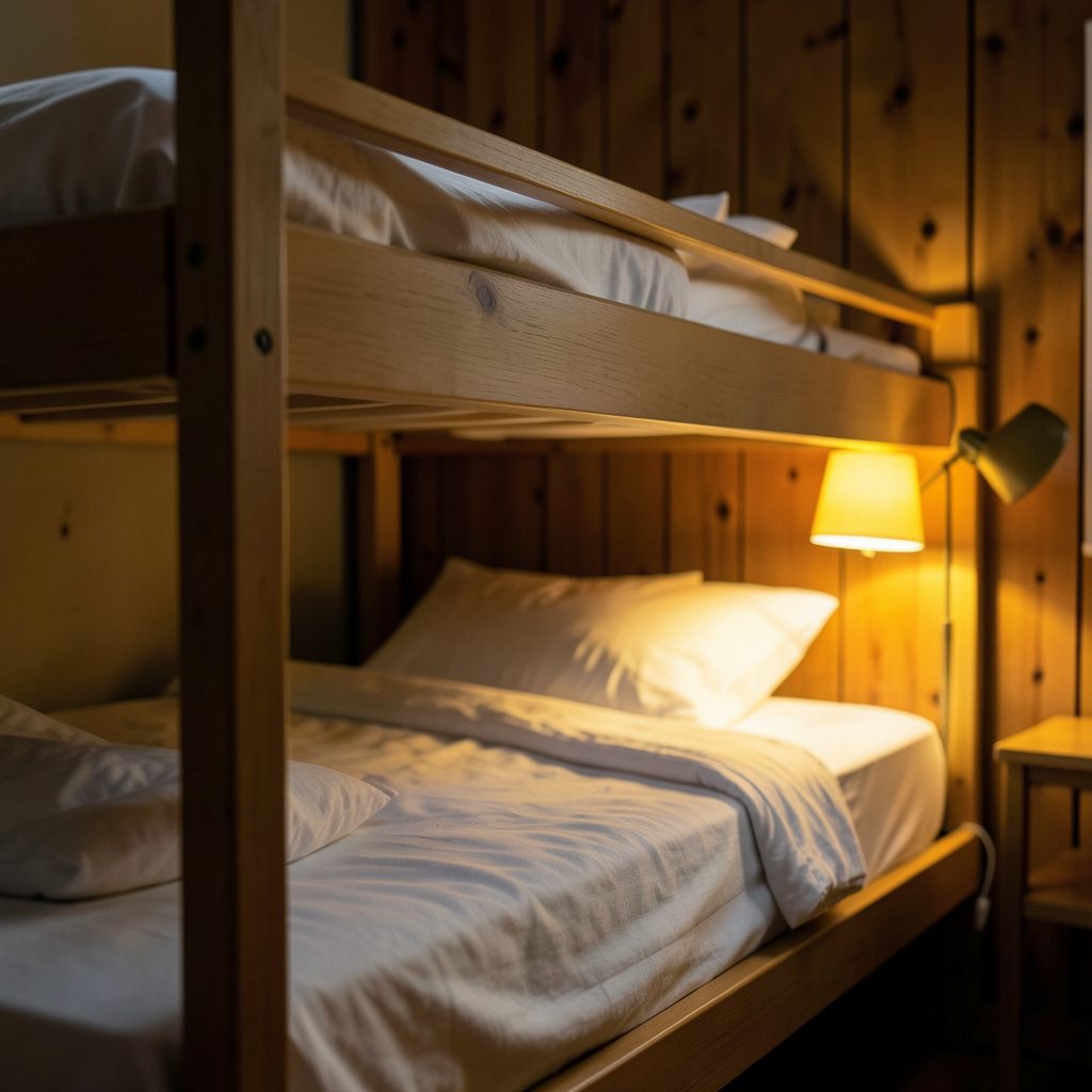 Cozy shared dorm room with neat bunk frames, soft white linens, warm wood walls, and a reading lamp glowing against deep shadows